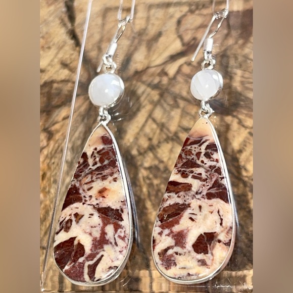 Coconut Jasper & Rainbow Moonstone Earrings 2 1/2” - Picture 4 of 14